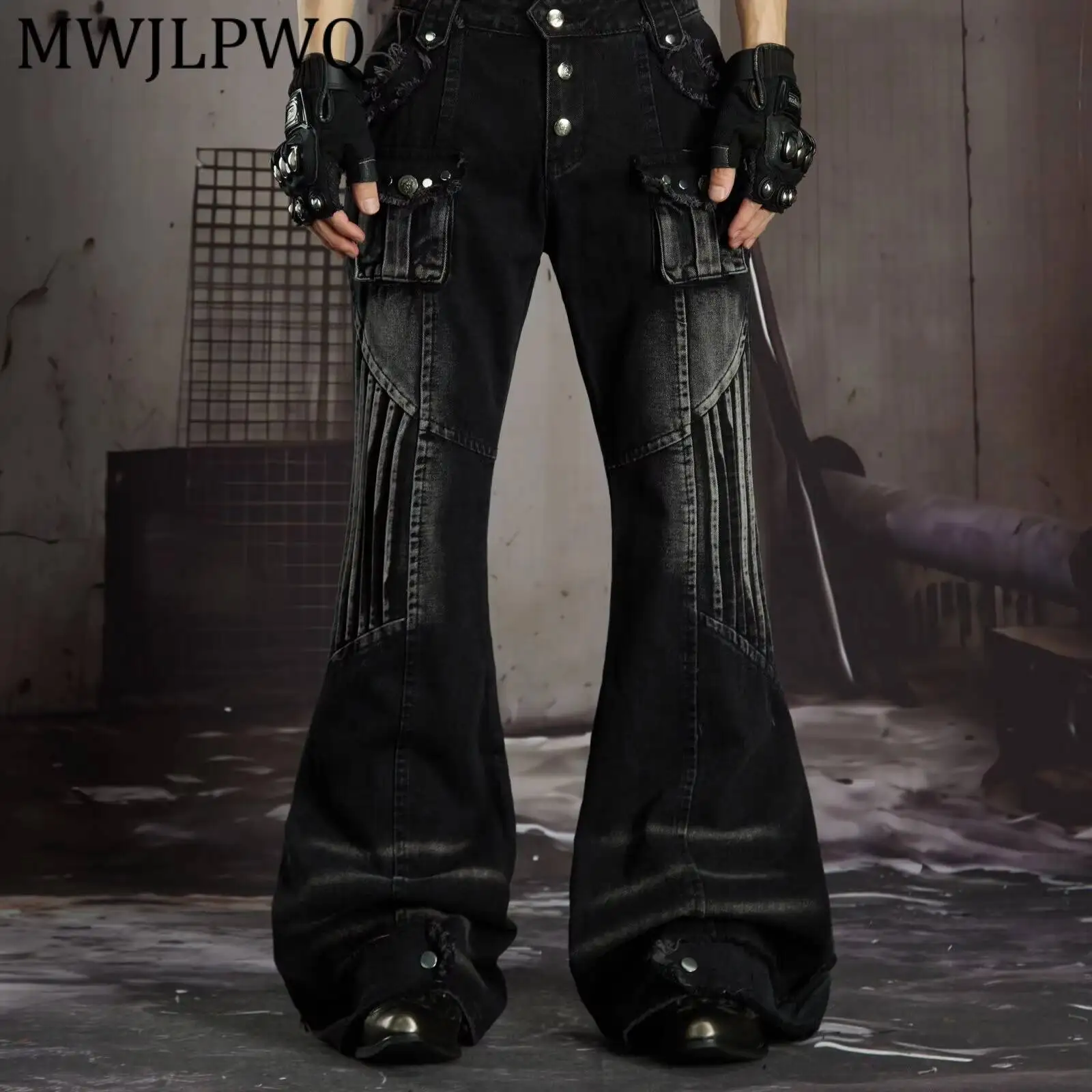 MWJLPWQ Vertical Pleat Rivet Multi Button Flare Jeans Unisex Faded Wash Patch Pockets Cuff Hem Punk Gothic Street Trousers 17142