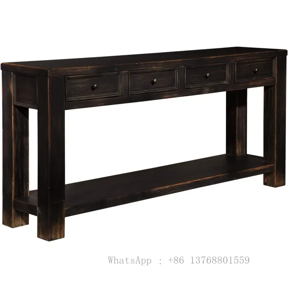 Signature Design by Ashley Gavelston Rustic Sofa Table with 4 Drawers and Lower Shelf, Weathered Black