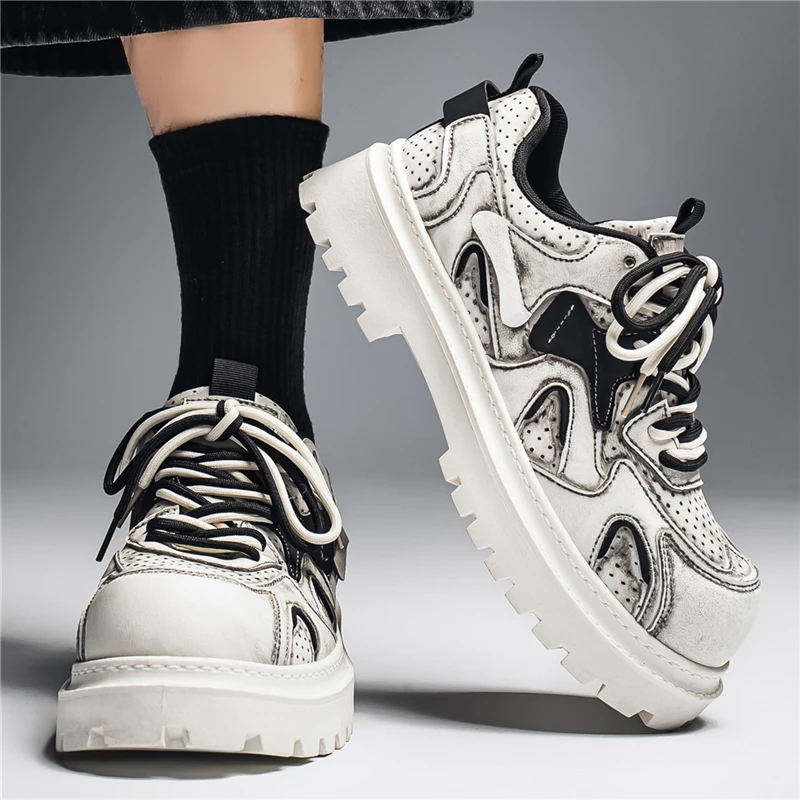 Men Vintage Distressed Dad Shoes Platform Height Increasing Sneakers Double Laces Streetwear Non Slip Casual Walking Skate Shoes