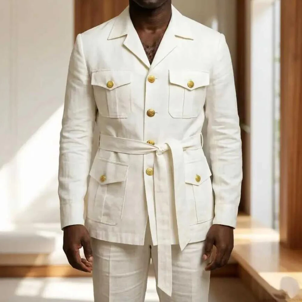 Linen Suits Men 2 Piece Notched Lapel Prom Suit With Belt Gold Buttons Multi Pockets Beach Summer Safari Style Wedding Tuxedo