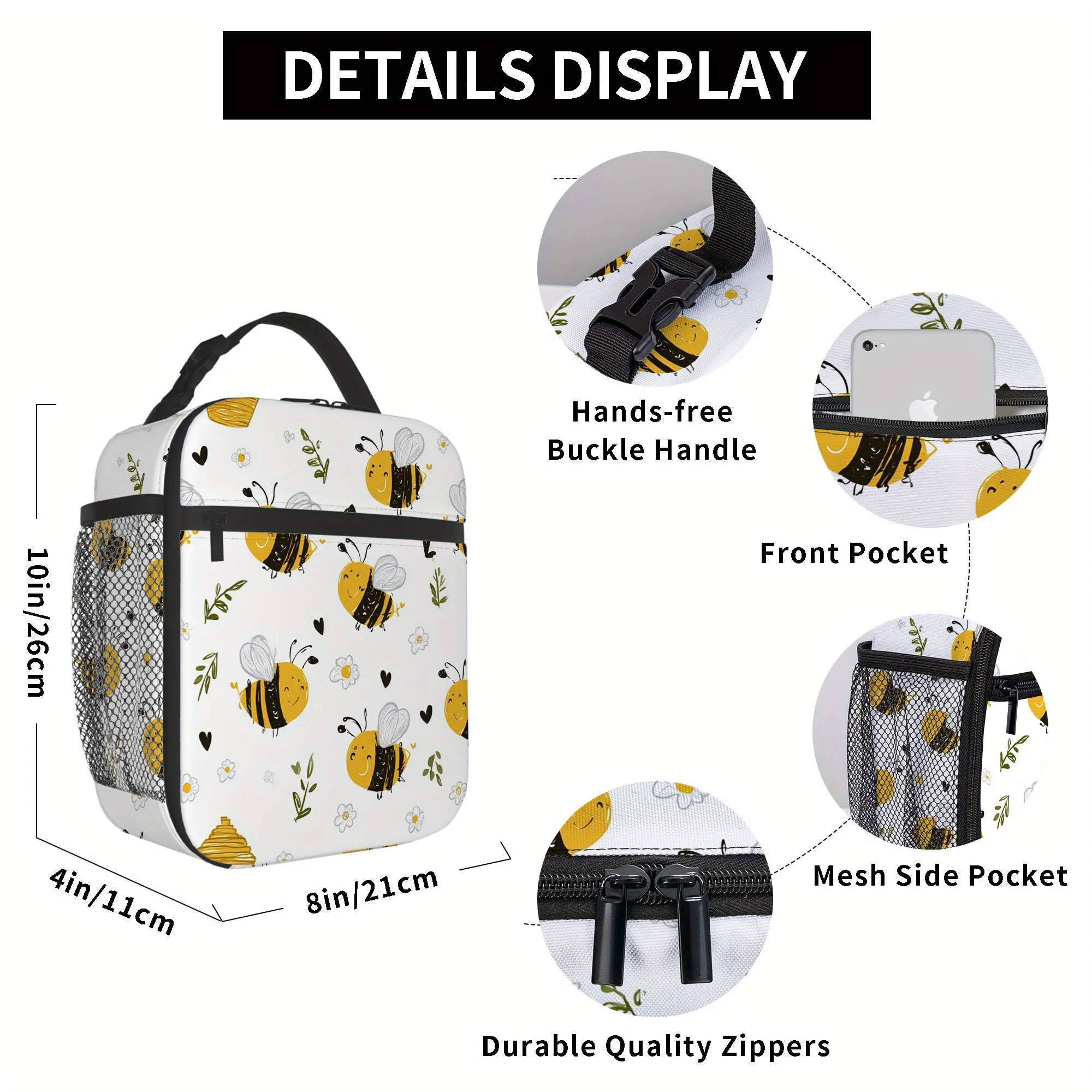 1pc, Bee-themed Pattern with Flowers and Hearts. Printed Thermal Bag, Insulation Bag, Insulated Bag. Not for Food Contact. Suita