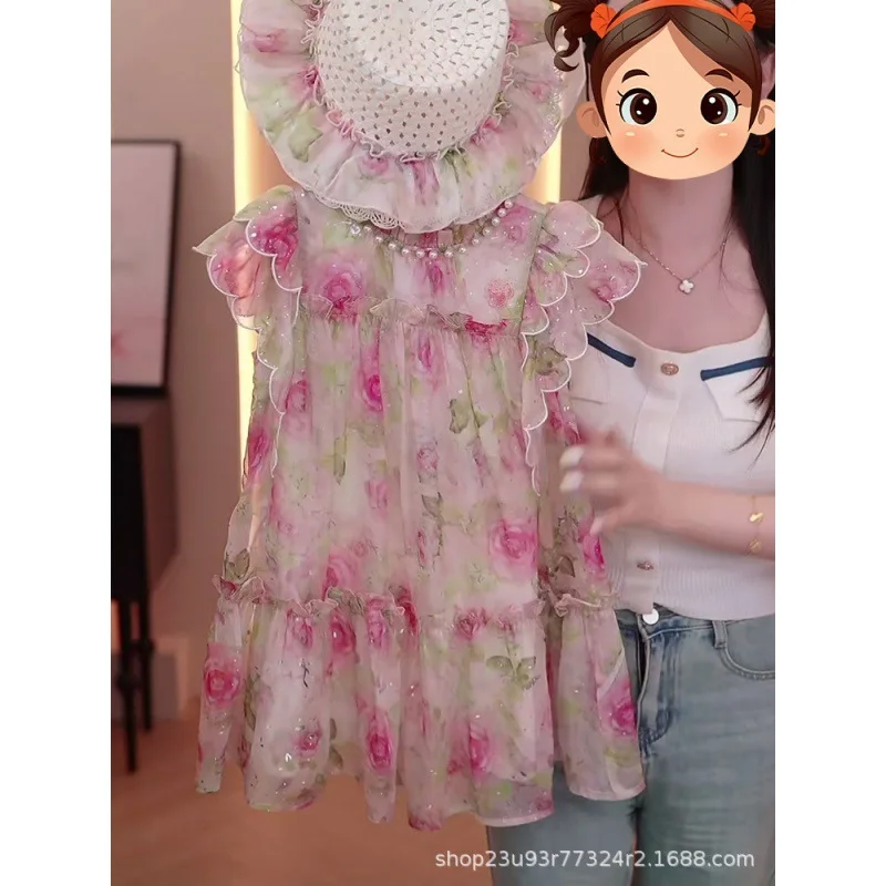 

Girls' Summer 2025 New Mid Size Floral Children's Sleeveless Beach Princess Dress