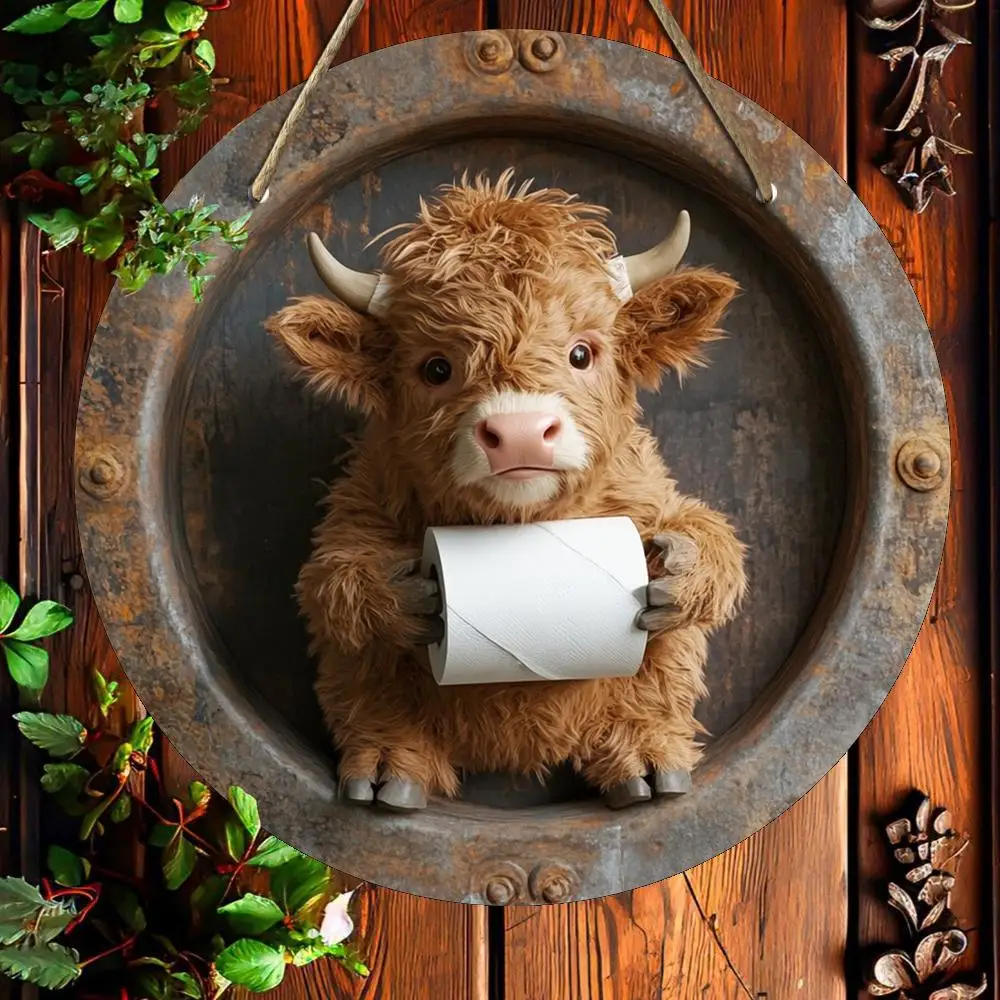 1 peça highland vaca banheiro humorístico redondo sinal de madeira-arte de parede retro 2d, charme de qualidade, perfeito para casa, escritório ou shengpai cabernet, dia dos namorados, presente de páscoa, 7.87 polegadas, decoração de banheiro