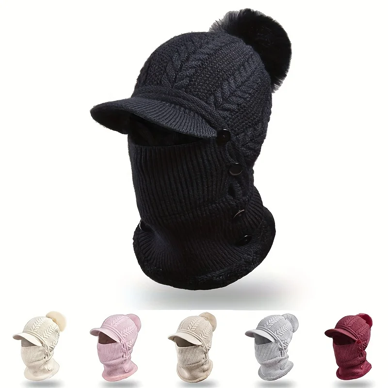 

Wool Knitted Pullover Caps Plush Earmuff Bib Cap for Women Winter Warmth Bonnet Hivers Femme Strickmütze Pompom Outdoor Warm Hat