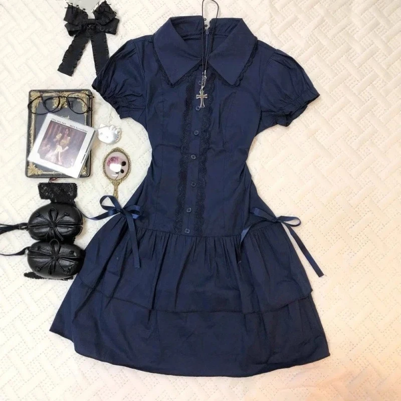 

Vintage Dress Summer Black Lolita Women High Street Y2k Patchwork Slim Lapel Gothic Dresses Hot Woman Clothing