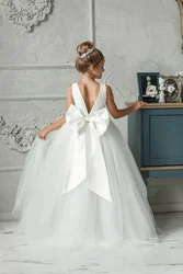 BABYONLINE White First Communion Dress Sparkly Tulle Princess Gown Bow Back Kids Flower Girl Dresses For Wedding Party