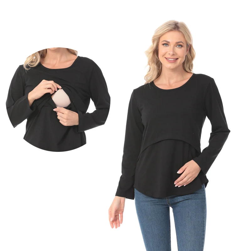 Double Layer Lift Maternity Nursing Top Long Sleeve Round Neck Curved Hem Stretch Loose Pregnancy Breastfeeding Shirt