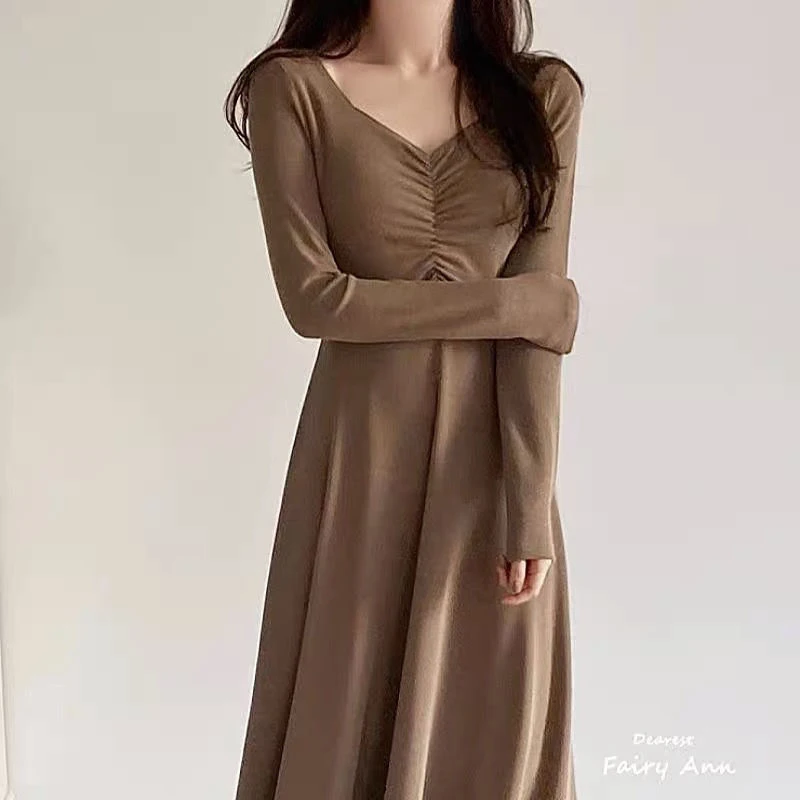 

French Small And Fresh Women Dresses Long Sleeve V Neck Inside Winter Clothing Elegant Gentle Harajuku Oversized Long Skirt Tops