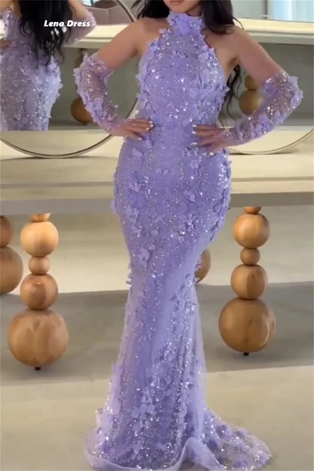 Lena Abiti da sera viola Donna Elegante Abito da festa da donna Coda di pesce Fiori personalizzati Scialle Abito da ballo di lusso 2025 Abiti da ballo