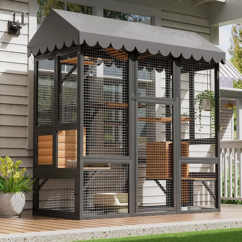 

Large Outdoor Cat Enclosure with Walk-in House, Sisal Platform, and Storage, 71 Waterproof Cover