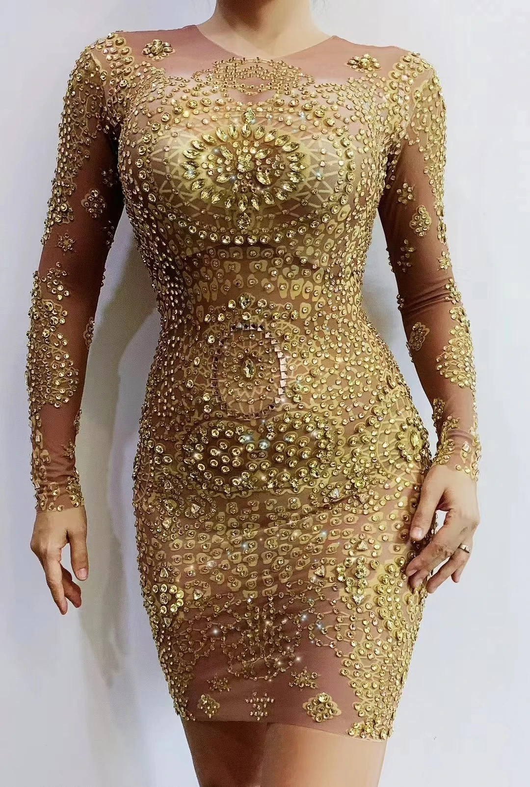 

Jinlun Women Nude Mesh Gold Rhinestone Bodycon Dress Long Sleeve Sheer Crystal Embellished Birthday Party Outfit