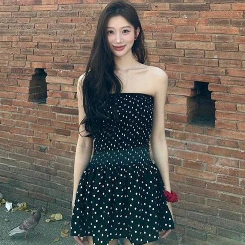 

Women Polka Dot Printed Dresses Summer Elegant Strapless Party Mini Dress