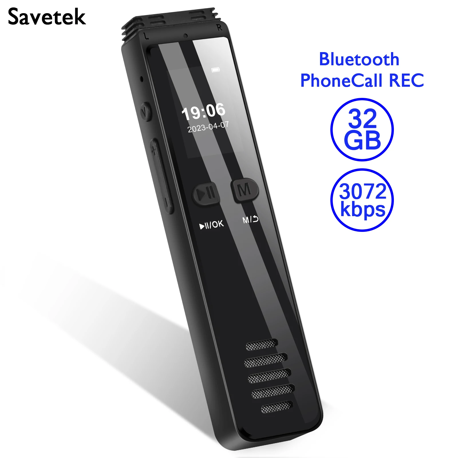 Savetek USB C Voice Activated Digital Audio Recorder 32GB 64GB Pen Bluetooth Phone Call Recording A Key Fast REC 3072Kbps Mp3