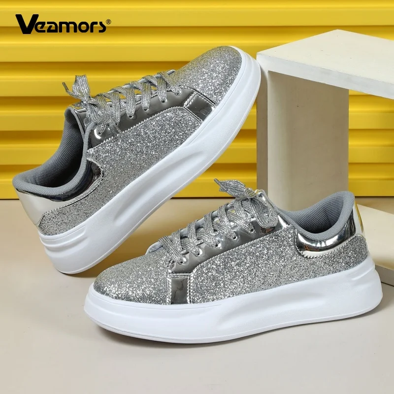 

Fashion Women Sequined Board Shoes Light Breathable Sneakers Non-slip Lace-up Casual Sports Shoes for Walking Traveling Running