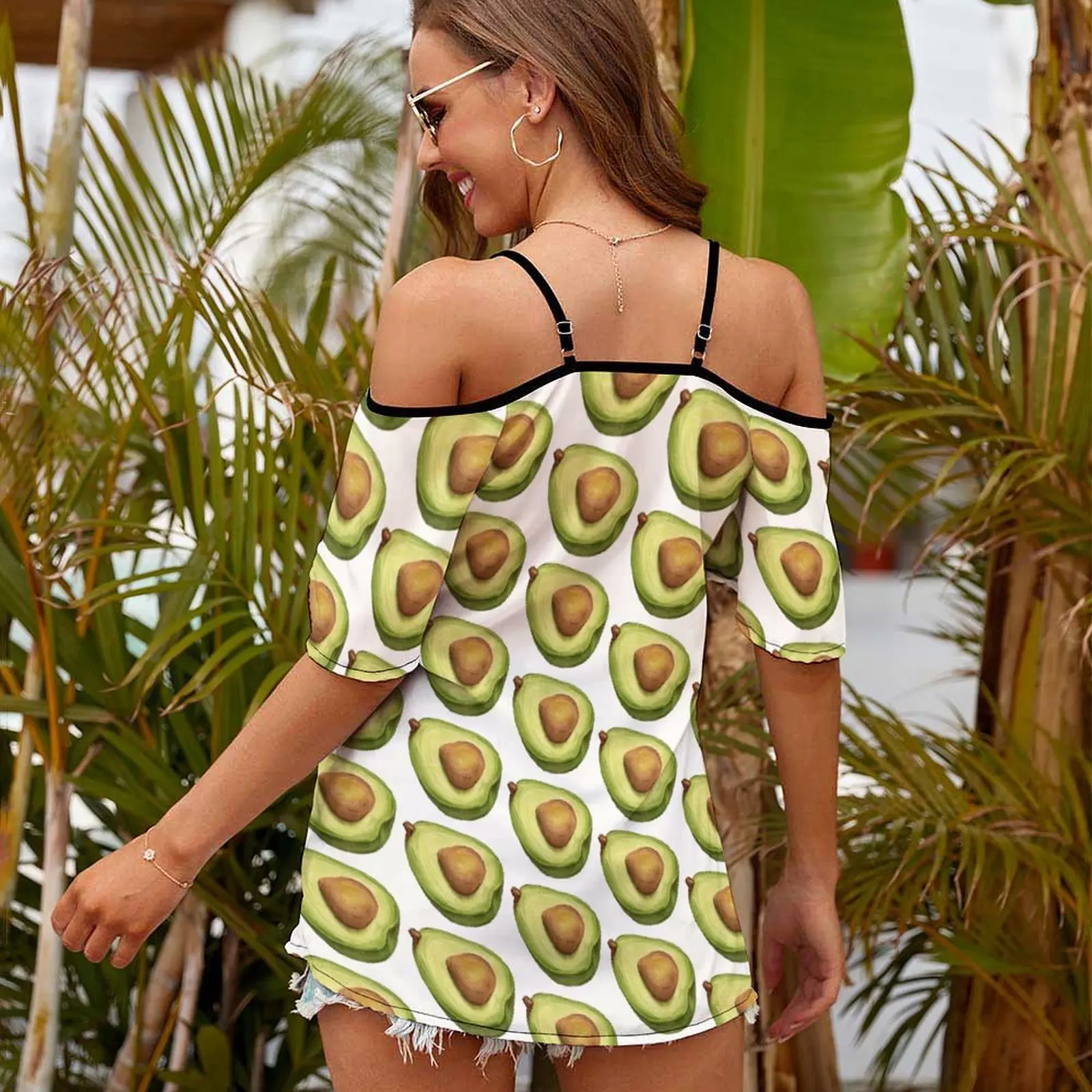 Avocado. Color Pencil Print O-Neck Off-The-Shoulder Top Short-Sleeved T-Shirt Ladies Streetwear Avocado Slice White Stone Green