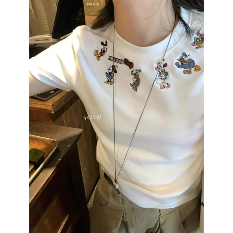 

Vintage Mickey Embroidered White Regular Shoulder T-shirt, Women's Summer Thin Crew Neck Cropped Top with Unique Design Se