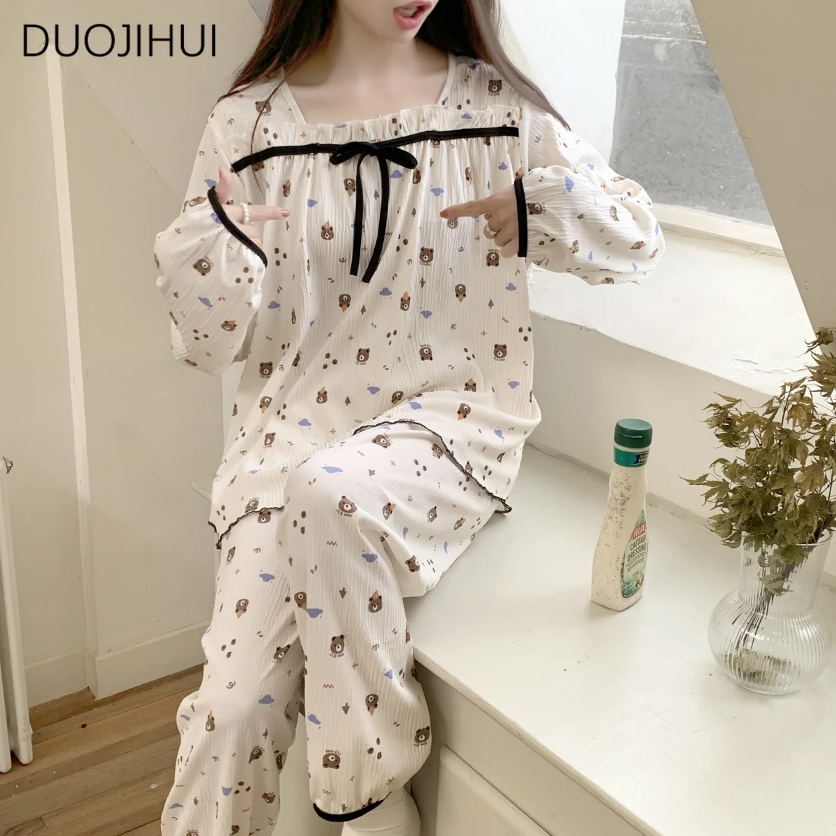 DUOJIHUI-Pijama informal con estampado de Chicly para mujer, jersey básico de manga larga, pantalón Simple, conjuntos de pijamas femeninos a la moda, Primavera