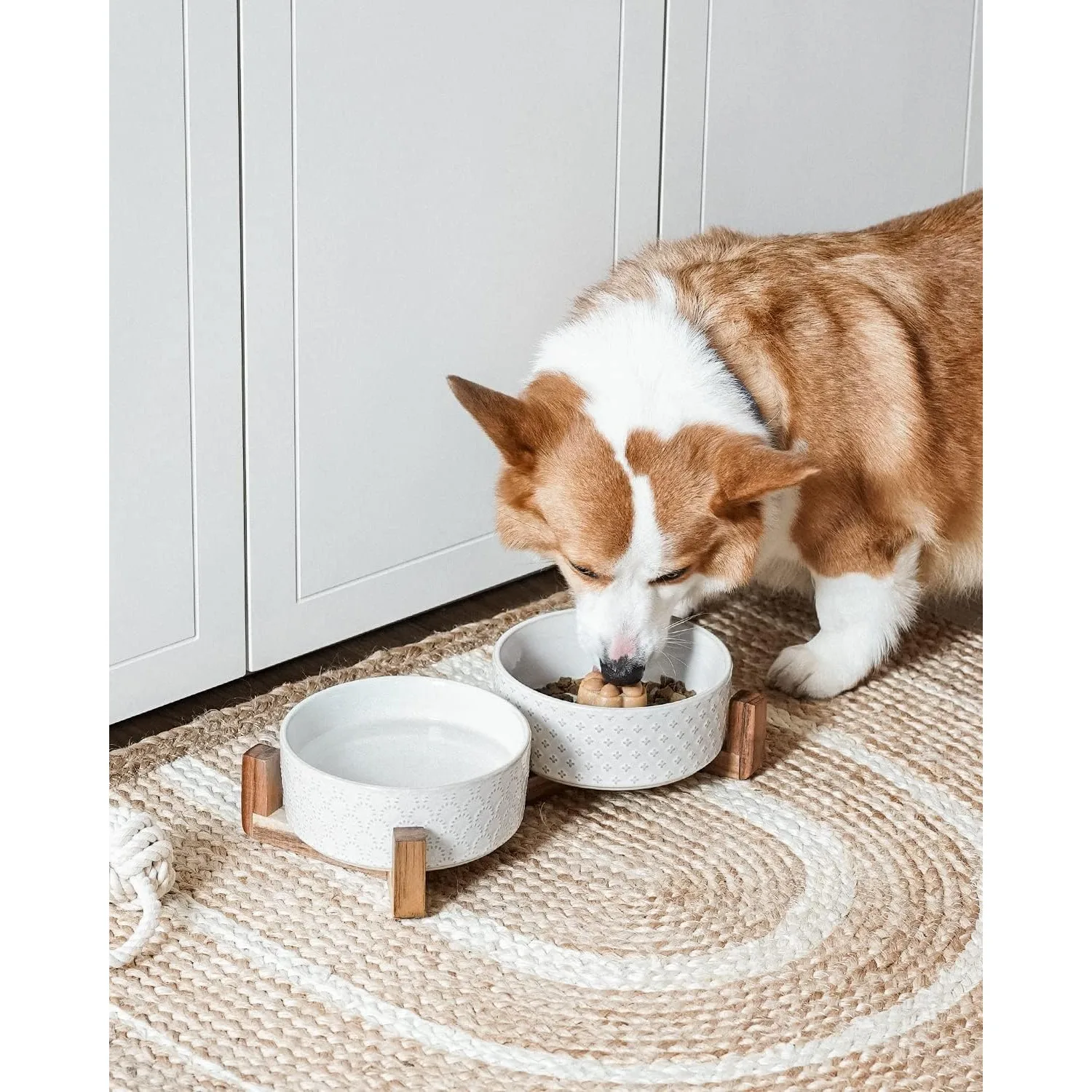 Dog Bowls Ceramic, Bowl Set with Acacia Wood Stand 3 Cups Dog Food and Water Bowl for Small Medium Sized Weighted Dog, Pet Bowls