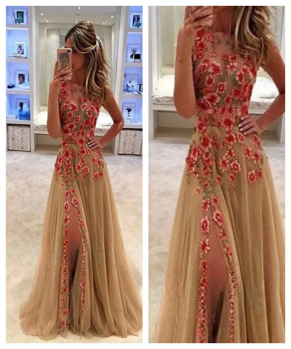 A-line Dress Sleeveless Multi-Layer Tulle Applique Split elegant party dresses for women 2023 Formal Occasion Robe O-Neck