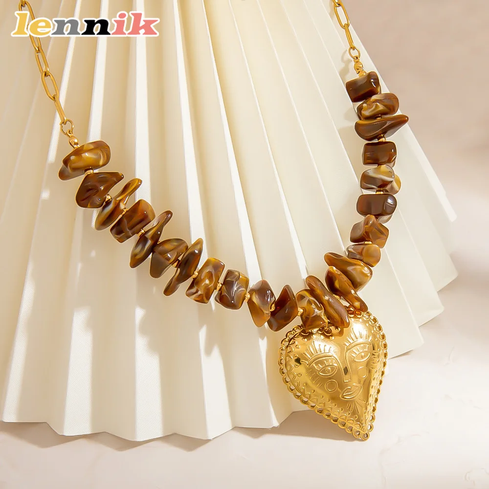 LENNIK الراقية قلادة قلادة، الفولاذ المقاوم للصدأ التيتانيوم الصلب، قلادة القلب العنبر، الخريف الشتاء ضوء المجوهرات الفاخرة