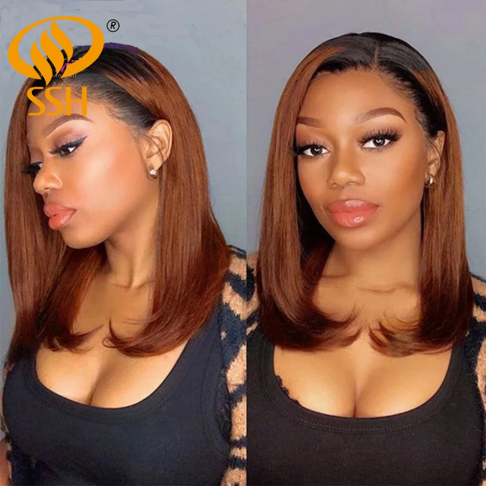 Short Ombre Honey Blonde Bob Wig With Baby Hair Honey Brown Straight Human Hair Wigs Lace Part Side Brown Wigs For Black Women