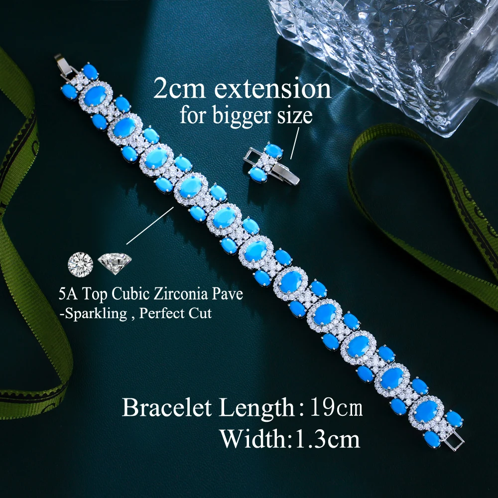 CWWZircons Luxury Chunky Cubic Zirconia and Blue Turquoise Pave Women Daily Party Engagement Wedding Bracelet Jewelry Gift CB352