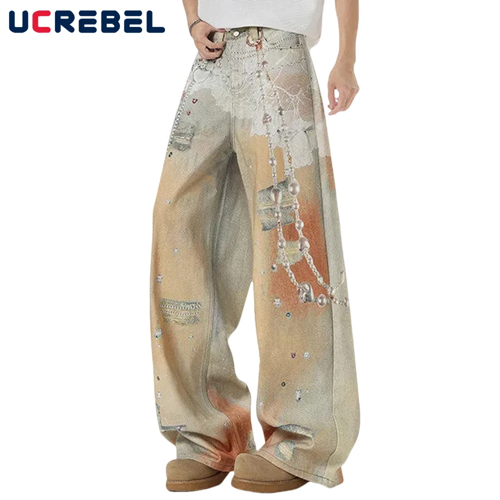 

Джинсы с жемчужной цепочкой и принтом, мужские винтажные мешковатые потертые потертые прямые широкие джинсовые брюки для мужчин
