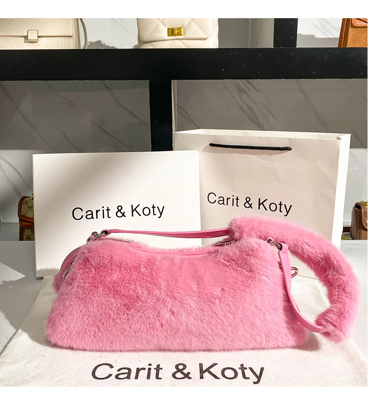 Autumn Winter Soft Faux Fur Pink Square Bag Fashion Women\'s Handbag Shoulder Underarm Bag Wedding Party Clutch Purse Armpit