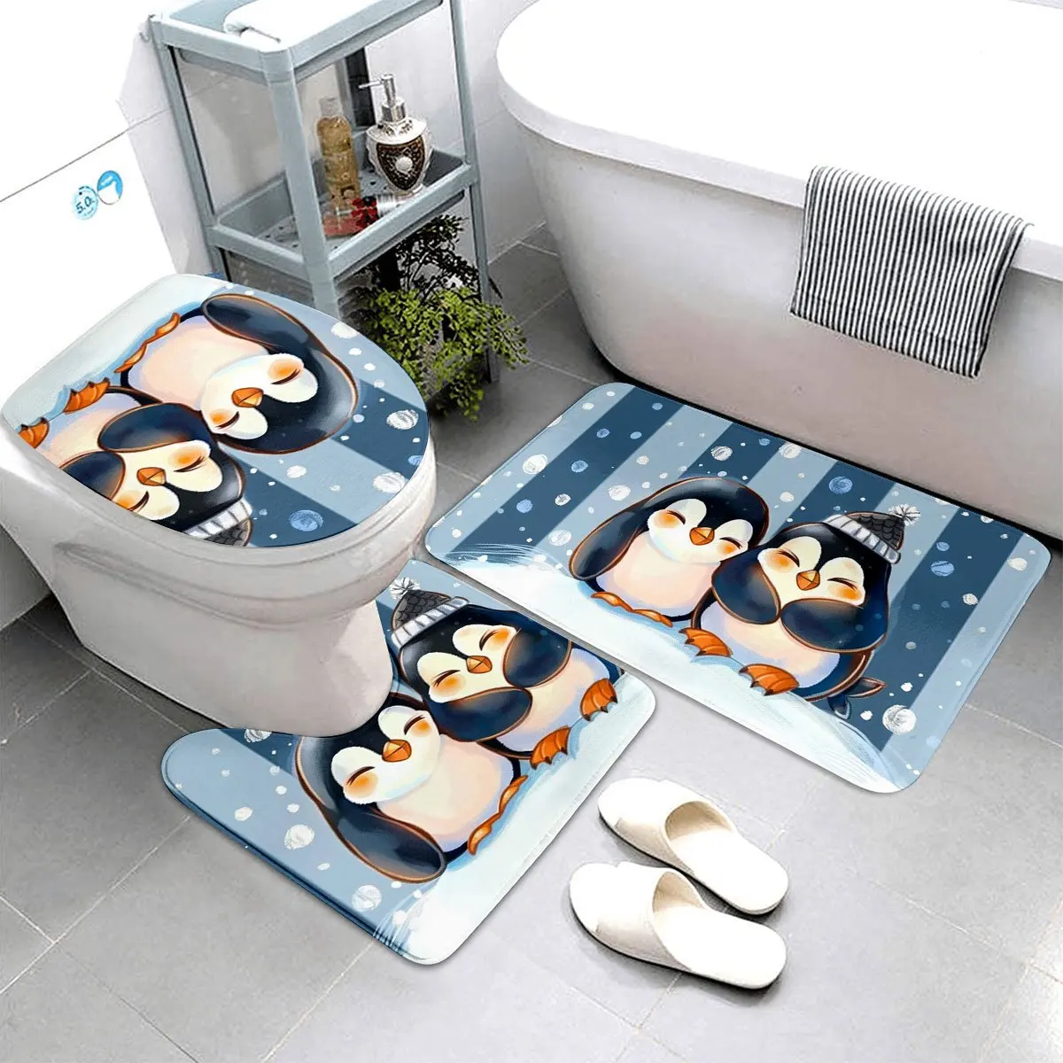 2D Flat Cute Winter Penguin Bathroom Mat Set, 3pcs, Snowflake Stripe Pattern, Home Decor for Bathroom
