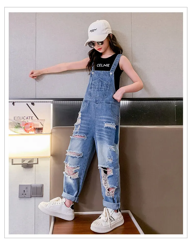Cooler Overall mit Löchern für Mädchen, Sommermode, zerrissene Jeans-Latzhose, Kinder-Streetwear, abgenutztes Kostüm, 4 5 6 8 9 10 12 14 Jahre – Detail 4