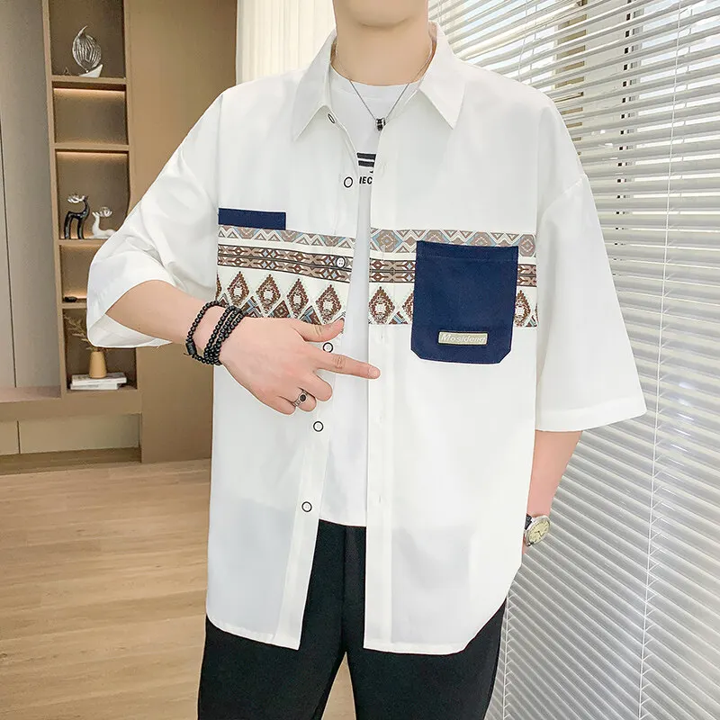 

Summer Men's Loose Ice Silk Short Sleeve Shirt Casual Workwear Style Youth Fashion Outerwear Thin Regular Length Buttoned