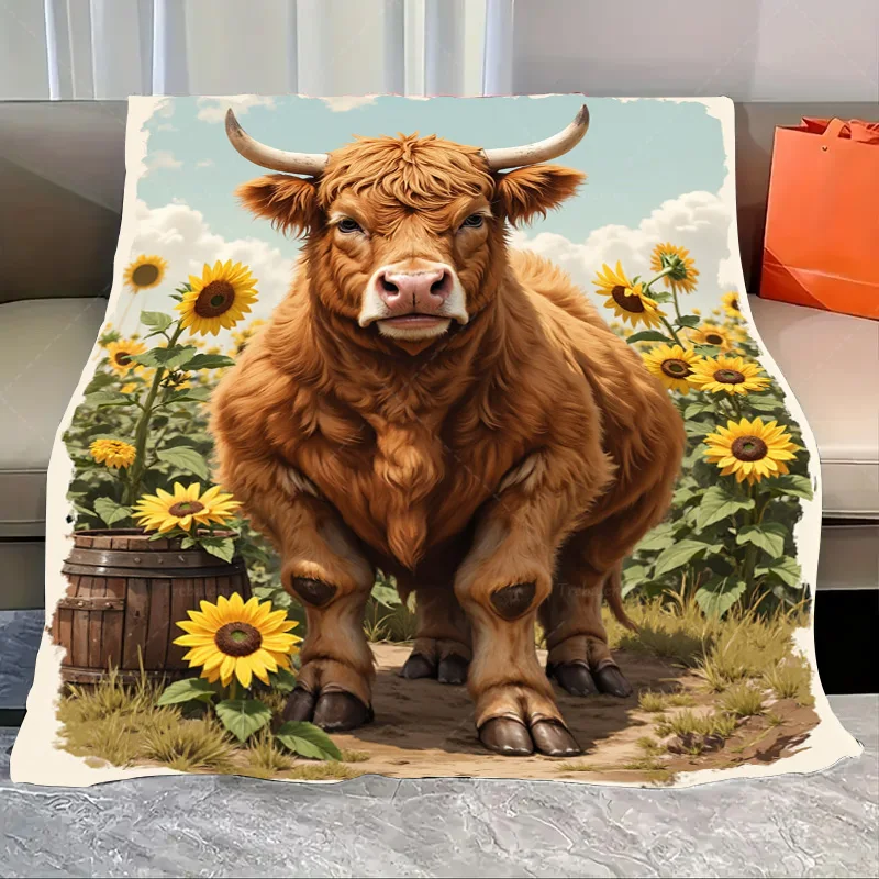 

Фланелевое одеяло, 1 шт., уютное одеяло из хайлендской коровы с полевой сценой подсолнечника — мягкое и теплое одеяло