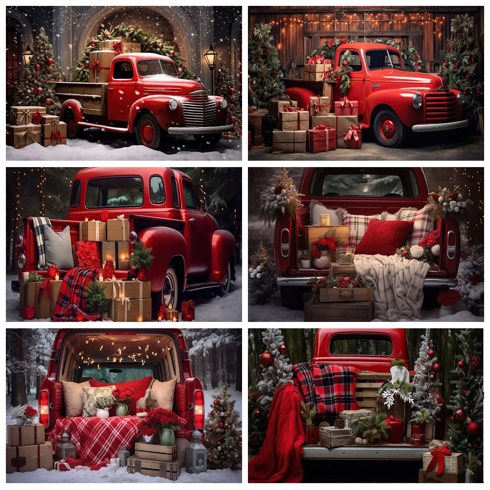 

Christmas Red Car Photography Backdrop Outdoor Snowy New Year's Eve Forest Party Decor Supplies Background Photo Studio Props