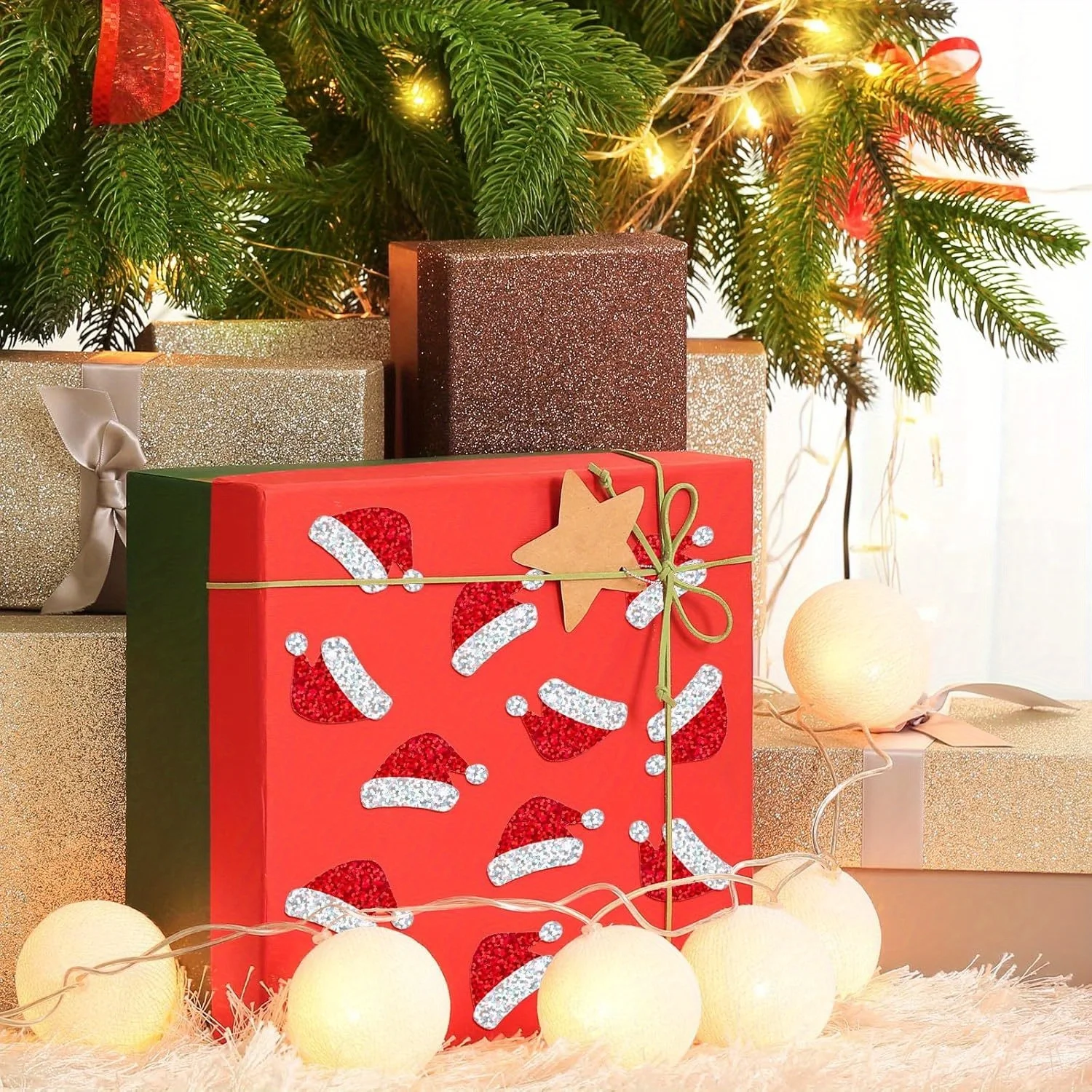 500 قطعة من ملصقات قبعة سانتا لعيد الميلاد الحمراء مع قطع ليزر لامعة ذاتية اللصق مقاومة للماء للهدايا، ديكور الحفلات