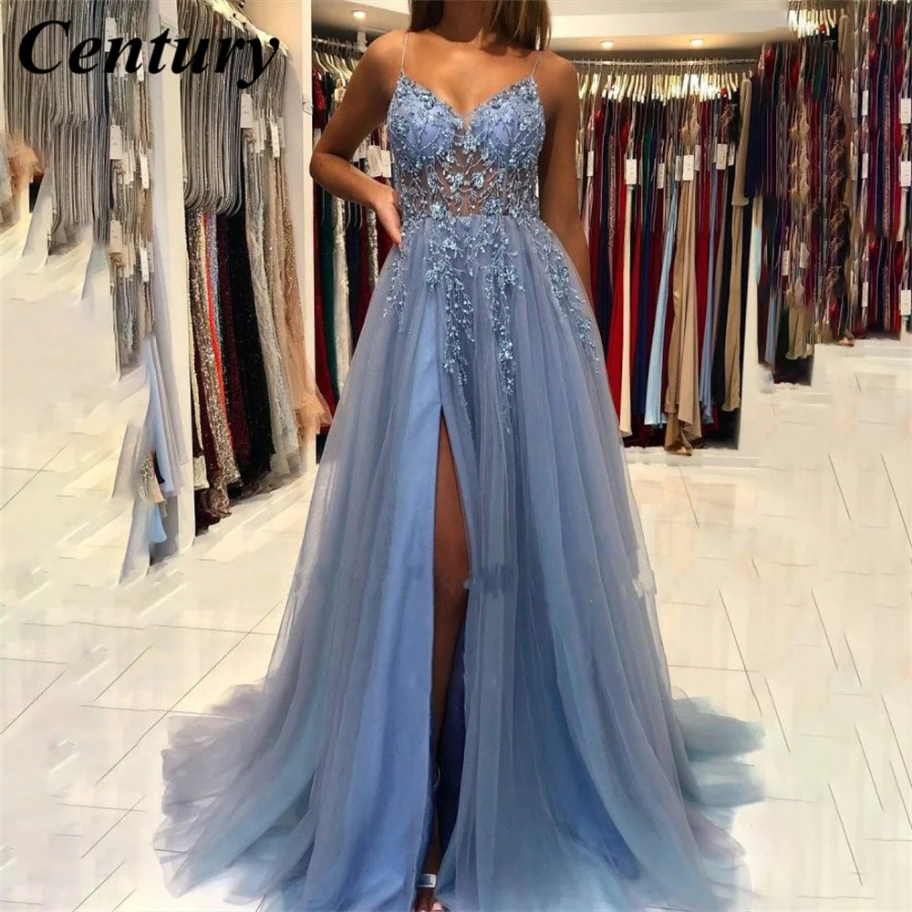 Customized Spaghetti Strap V Neck Prom Dress Com Beading Applique Celebrity Dress Vestido de noite das mulheres High Split Gown