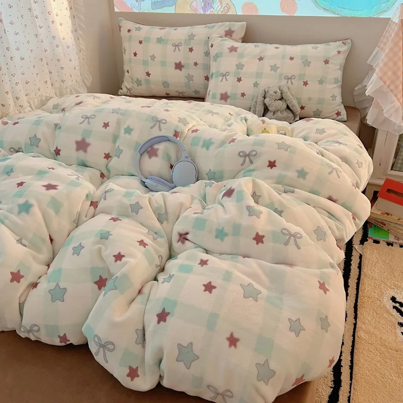 Autumn and winter milk fleece four-piece cartoon cute fleece thickened bed sheet quilt cover warm bedding