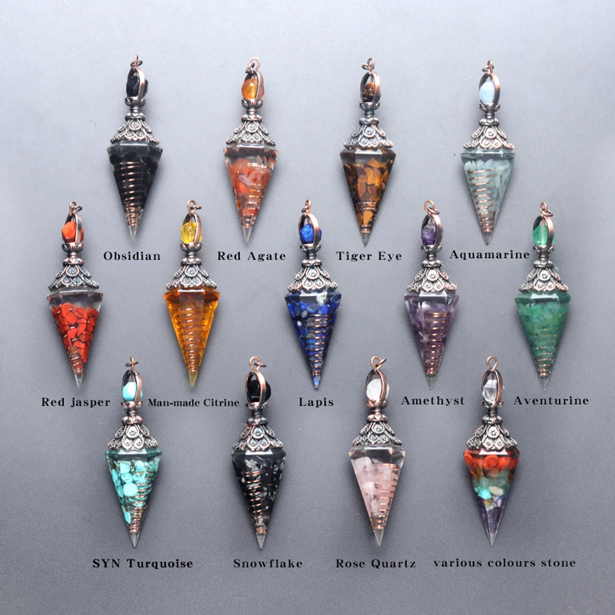 Natural Stone Resin Crushed Stone Spiritual Pendant Crystal Tiger Eye Quartz Agate Drip Hexagonal Cone Pendant Jewelry Accessory