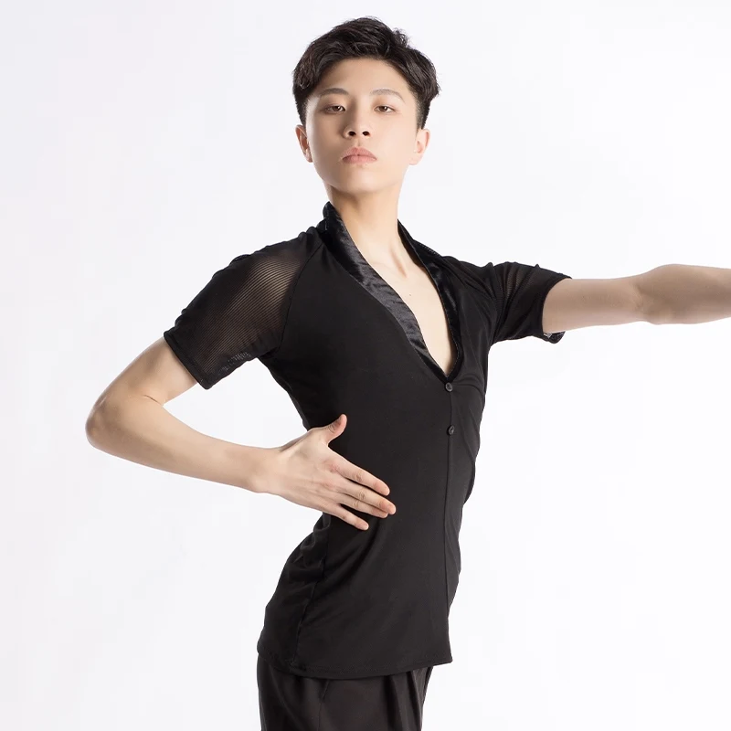Sommer männer Latin Dance Top Schwarz Kurzarm Tops Erwachsene V-ausschnitt Mesh Training Kleidung Männlich Latin Praxis Dancewear VDL4081