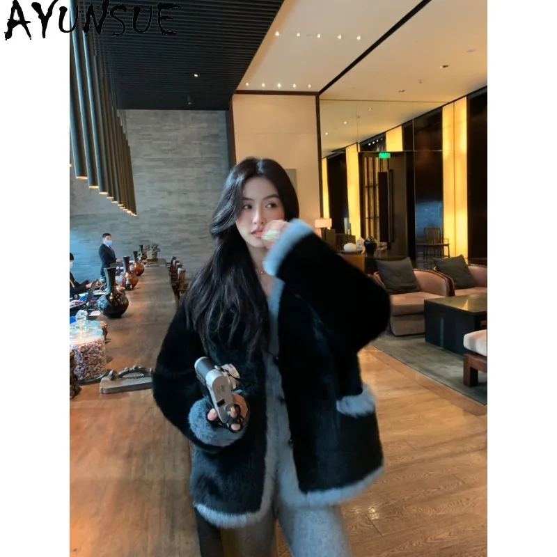

AYUNSUE Women's Tuscan Lamb Shearling Coats Korean Mid-length Fur Jackets Loose Casual Winter Outerwears Woman Clothes Casaco