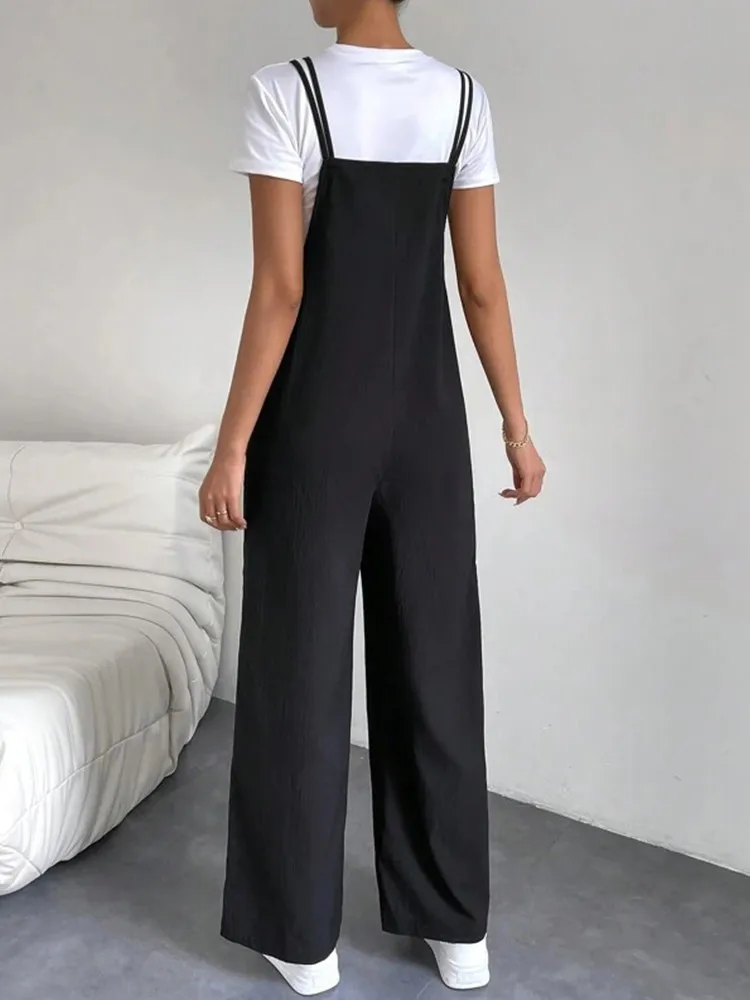 Fashion Casual Women\'s Soild Black Color Pants Pocket Double Shoulder Thin Shoulder Straight Overalls Wide-leg Long Pants