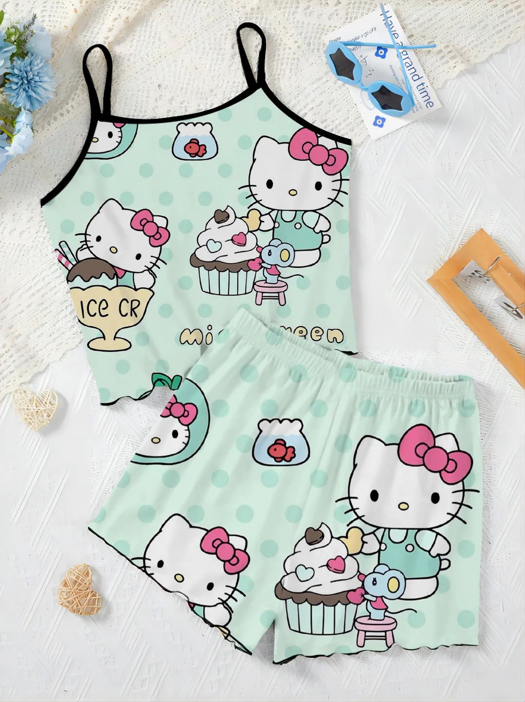 Women's Suit T-shirt Slip Dress Lettuce Trim Short Sets Pajama Skirt Hello Kitty Top Trouser Suits Pieces Elegant Home Dress Top