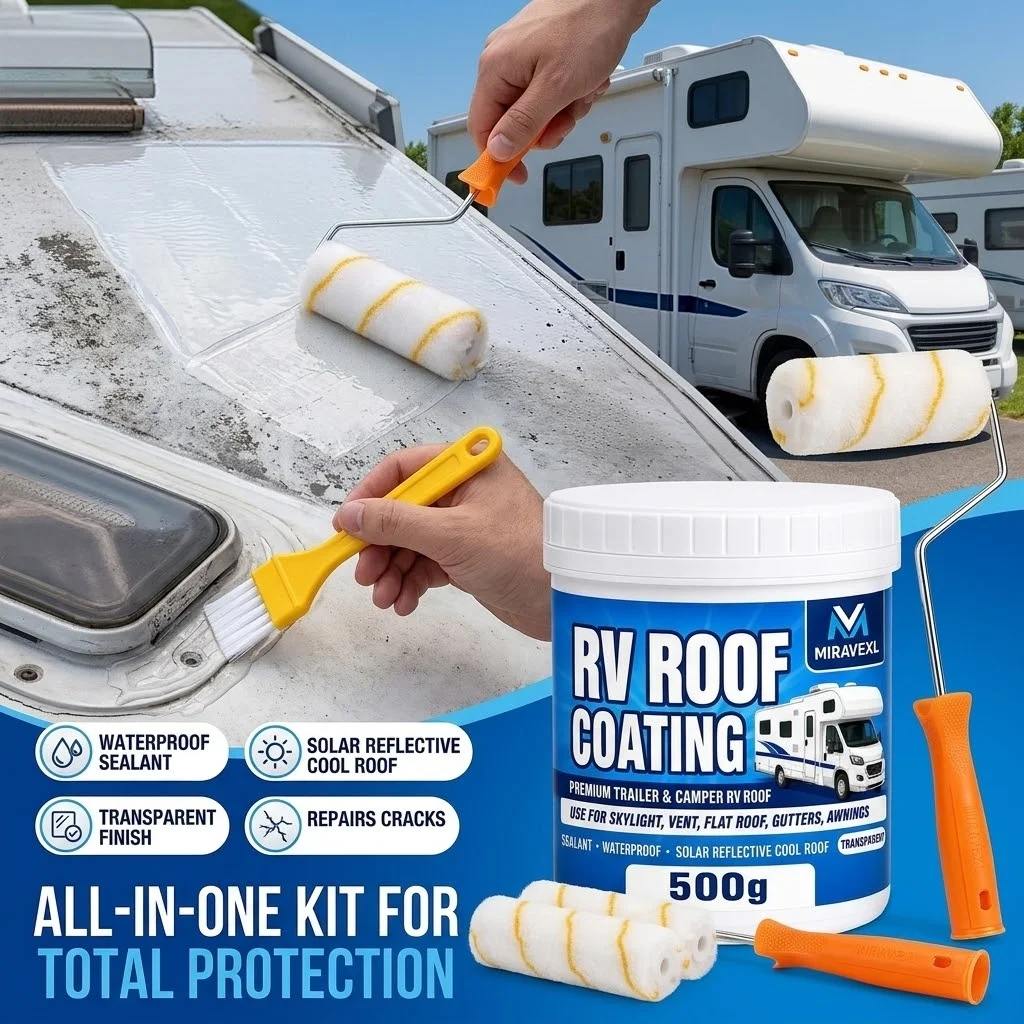 MIRAVEXL RV Roof Coating Waterproof Sealant Liquid Rubber Clear Leak Repair Paint for Camper Skylight Awning with Brush Roller