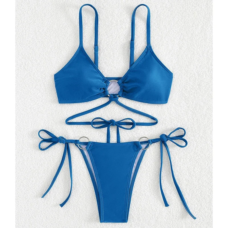 

Metal Buckle Bikini Set Bathing Suit for Women Sexy Triangle Bandage Mini Thong Micro Bikini 2025 New Swimsuit Beachwear 2 Piece