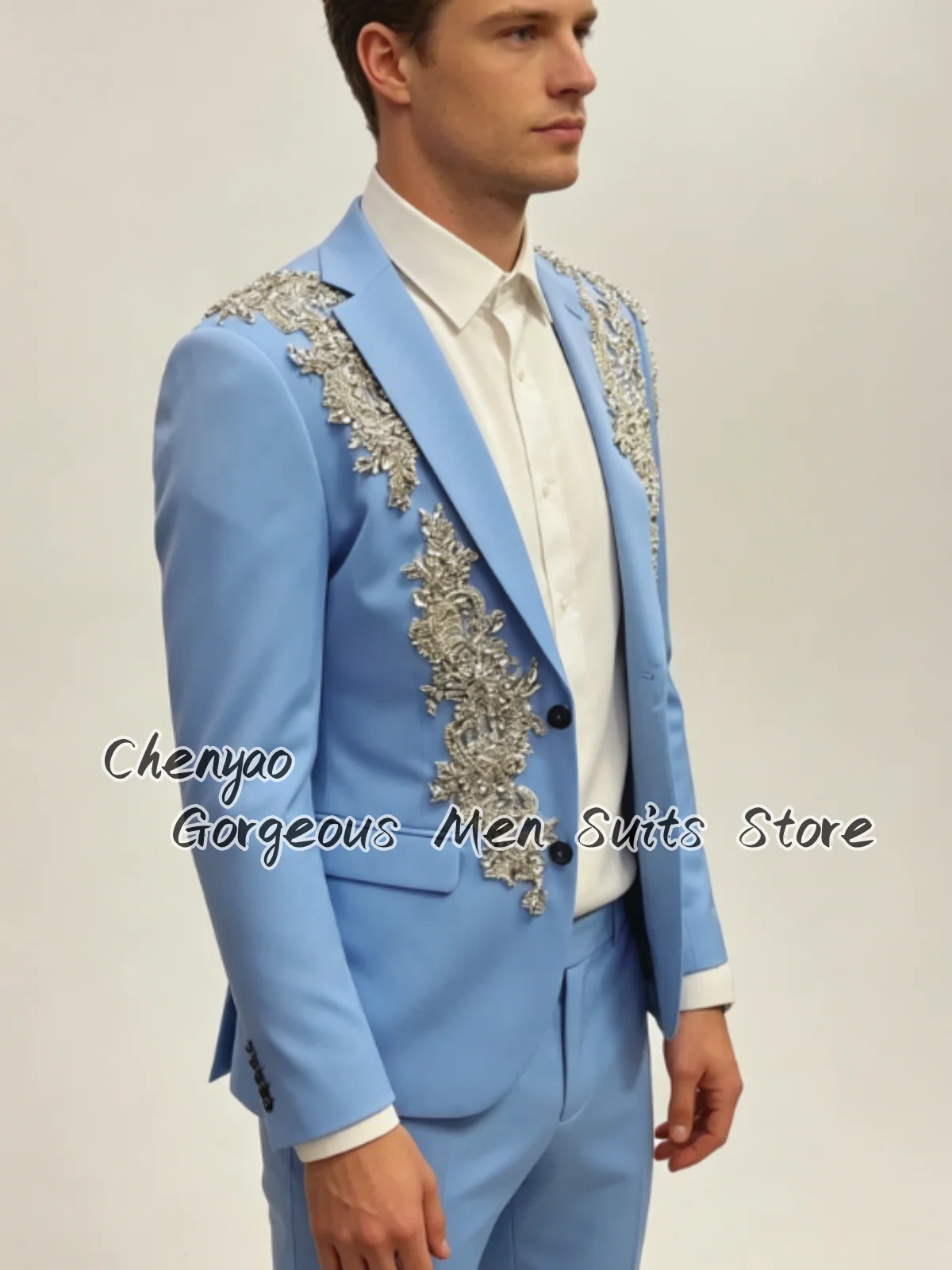 High-End Silver Floral Rhinestone Embroidery Men Suits Customized Groom Tuxedos Party Elegant Male Blazers 2Pcs Sets ropa hombre