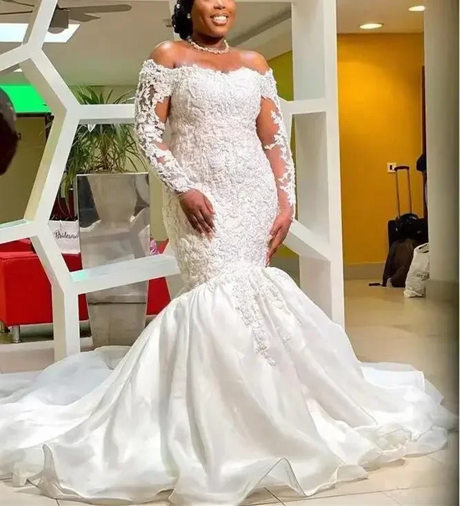 Suknie ślubne w stylu syreny plus size na zamówienie, z odkrytymi ramionami, zdobione koronką, aplikacjami i koralikami, arabskie, z długimi rękawami, suknia ślubna.