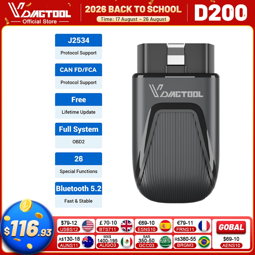 VDIAGTOOL D200 Scanner OBD2 Ferramenta de Diagnóstico Automotivo 26+ Funções de Reset J2524 FCA Teste Ativo Assistido por IA Atualização Gratuita PK XTOOL A30M
