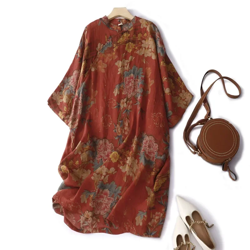 

Limiguyue Red Print Cotton Linen Literary Dress Women Short Sleeve Stand Collar Summer Dresses Loose Soft Ethnic Vestidos E593