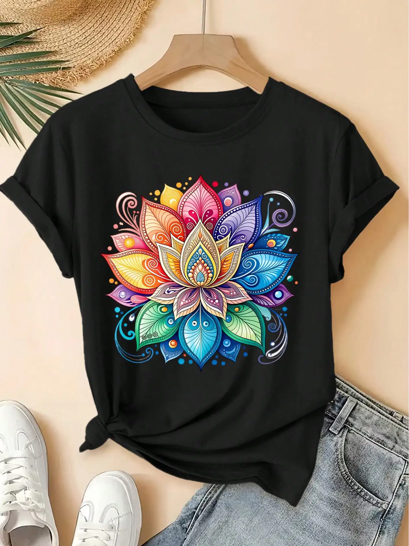 New Women's Rainbow Mandala Lotus Print T-Shirt,Vintage Casual Top,Fun And Quirky Design |Suitable For Daily Wear In All Seasons