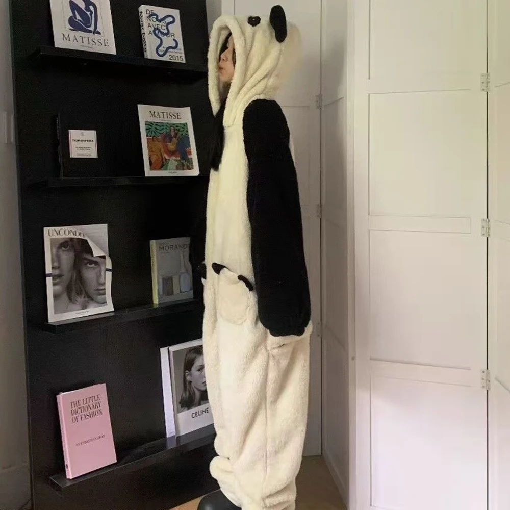 Adult Onesie Pajamas Unisex Animal One-Piece Cartoon Costume Black and White Panda Thick Flannel Warm Cosplay Homewear Sleepwear
