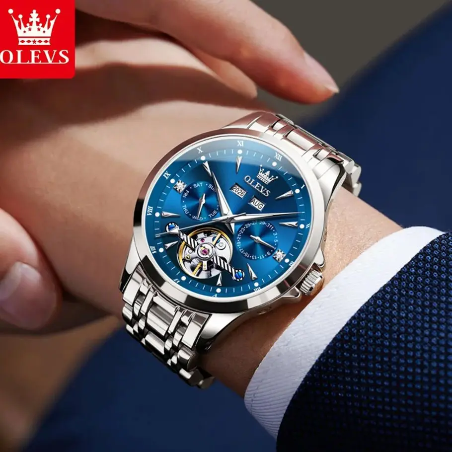 

OLEVS 7091 мужские автоматические механические часы, роскошные автоматические наручные часы с сапфировым стеклом, деловые водонепроницаемые часы для мужчин, подарок